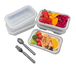 Boîte à déjeuner Bento rectangulaire en plastique avec couvercle, emballage alimentaire jetable, micro-ondes à emporter