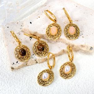 Boucles d'oreilles personnalisées en pierre naturelle, vente en gros, bijoux en acier inoxydable étanche plaqué or 18 carats, créoles géométriques rondes - Product Image 1