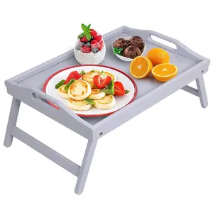 Bed Tray Table Folding Legs Breakfast Food Tray Bamboo Portable Lap Desk Dinner Tea TV Wooden Serving Tray with Handles