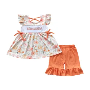 GSSO0235妈妈女孩刺绣橙色母亲节短裤，带小飞袖，纯棉女婴服装套装