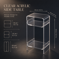 Table d'appoint compacte verticale en acrylique transparente à 2 niveaux, bords polis et arrondis, personnalisable, très vendue