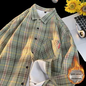 2025 Trend Autumn and Winter Plush Thick Fashion <strong>Check</strong> <strong>Shirt</strong> for Men, Hong Kong Style Casual Long-Sleeved Stand-Up Collar - Product Image 2