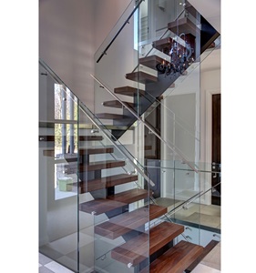 Escalier flottant droit moderne en <span class=keywords><strong>bois</strong></span> massif pour intérieur avec rampe en <span class=keywords><strong>verre</strong></span> trempé - Product Image 1