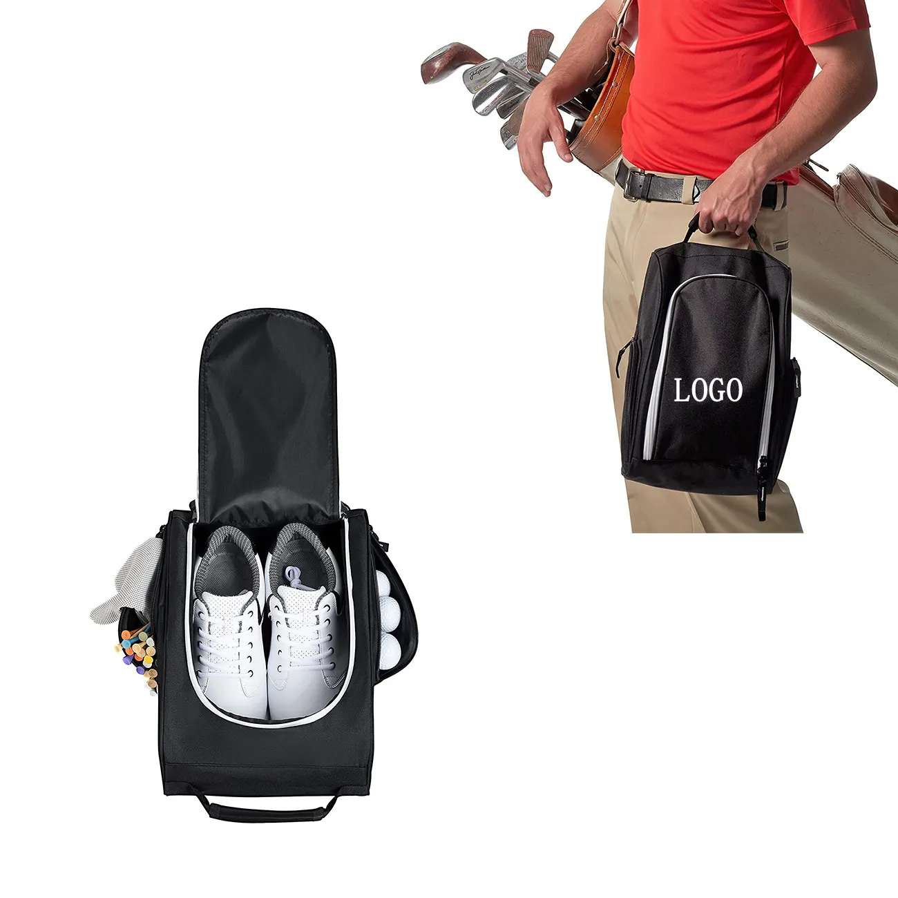 Zipper Travel Sports Tennis Golf Shoe Carrier Bag with Ventilation and Side Pockets For Socks Tees Golf Balls