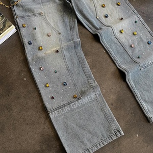 Jeans baggy en denim style streetwear décontracté, broderie personnalisée, jeans en denim avec strass pour hommes - Product Image 3