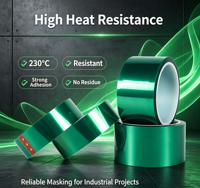 Ruban adhésif acrylique PET vert haute température de qualité industrielle, épaisseur 0,06 mm, pour protection de peinture automobile, résistant à la chaleur, sans résidu