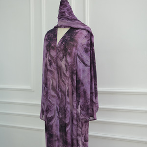 Yibaoli 제조사 우아한 이드 두바이 아랍어 롱 원피스 4 색 인쇄 이슬람 원피스 오픈 아바야 매칭 스카프 - Product Image 5