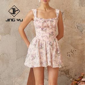 Summer Fashion pink Small Floral <b>Dress</b> Chest Pleated square Neck <b>Suspender</b> Skirt Custom Rayon Short <b>Dress</b> - Product Image 4