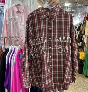 Chemise à Carreaux à Manches Longues Style Rétro Décontracté, Broderie de Lettres Perlées, à la Mode, à Col Rabattu, <span class=keywords><strong>Original</strong></span>, Printemps et Automne - Product Image 3