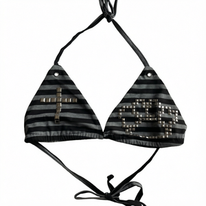 Haut de bikini rayé à rivets métalliques, maillot de bain une pièce croisé à l'épaule pour femme, tendance - Product Image 1