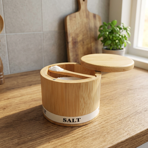 Natural Wooden Salt <b>Container</b> With Wooden Lid And Spoon Minimalist Design For Kitchen Use - Product Image 4