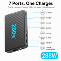 Chargeur GaN 288W 8 ports, station de charge de bureau, PD 100W, chargeur rapide Type C, câble intégré pour MacBook, iPhone, OEM