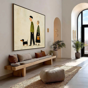 Charming Figurative Art <b>Print</b> of Elderly Couple Walking <b>with</b> Dog Canvas Wall Decor Contemporary Style <b>Framed</b> Indoor Art - Product Image 4