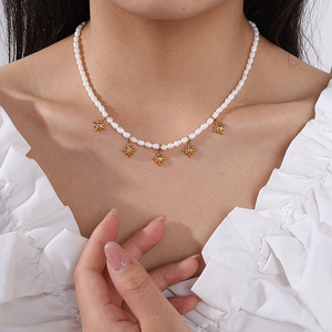 Collar de Perlas de Agua Dulce con Colgante de Circonita en Forma de Estrella, Acero Inoxidable, Estilo Coreano, Joyería para Fiesta - Product Image 4