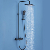 Mitigeur de douche thermostatique apparent à poignée unique avec jet pluie/massage carré, finition laiton brossé, design moderne complet