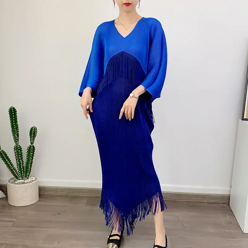 Women'S Elegant Long Dresses 2023 New Plus Size Tassel Red Evening Dress Miyake Pleated Casual Dresses