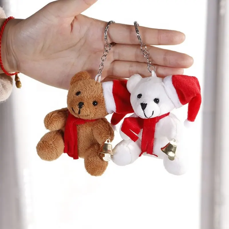 Noel hediyeleri giyen kırmızı Santa şapka ve eşarp bebek ayı doldurulmuş hayvanlar ucuz promosyon sevimli küçük oyuncak ayıcık peluş anahtarlık