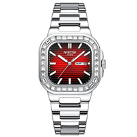 Jam Tangan Pria NIBOSI 2733 Bezel Berlian Persegi, Quartz, Tampilan Tanggal dan Hari, Tahan Air, Jam Tangan Bisnis untuk Pria, Logo Dapat Disesuaikan