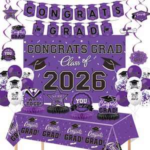Purple Graduation Party Decoration Set Class of 2026 Tablecloth Banner <b>Balloons</b> Photo Backdrop Easy Assemble - Product Image 3