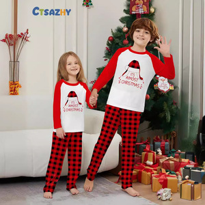 Conjunto de Roupa de Casa Macia de Natal com Estampa Digital de Letras e Chapéu de Papai Noel, Estilo Casual Europeu-Americano, Manga Longa, Xadrez e Patchwork - Product Image 2