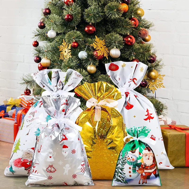 คริสต์มาสนำมาใช้ใหม่พลาสติกอลูมิเนียมฟอยล์วันหยุดห่อบรรจุ Drawstring ถุงของขวัญคริสต์มาส