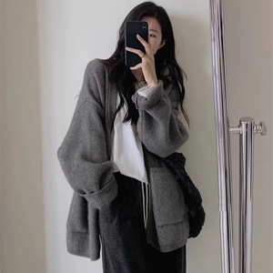 Gray Cardigan Sweater Women Autumn Winter 2025 Loose Knit Top Outerwear Solid Color Simple Style - Product Image 2