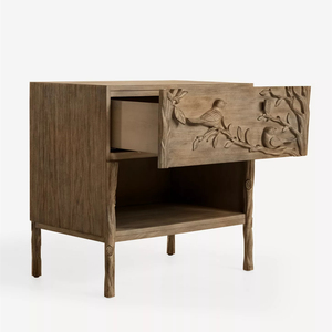 American Country-style Solid Wood Carved Bird Branch Nightstand, Vintage Distressed Single Drawer Open Storage <strong>Bedside</strong> <strong>Table</strong> - Product Image 3