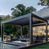 Pavillon Pare-Soleil Électrique à Lamelles Inclinables en Alliage d'Aluminium Personnalisable et Étanche pour Villa, Hôtel et Jardin