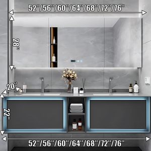 Meuble-lavabo mural gris moderne avec double vasque intégrée sans joint et armoire miroir LED intelligente anti-buée - Product Image 2