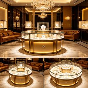 Vitrine de présentation de bijoux de luxe GZowin, ronde, dorée, haut de gamme, avec éclairage LED, dessus en verre, écologique, durable, pour usage en musée ou en magasin. - Product Image 3