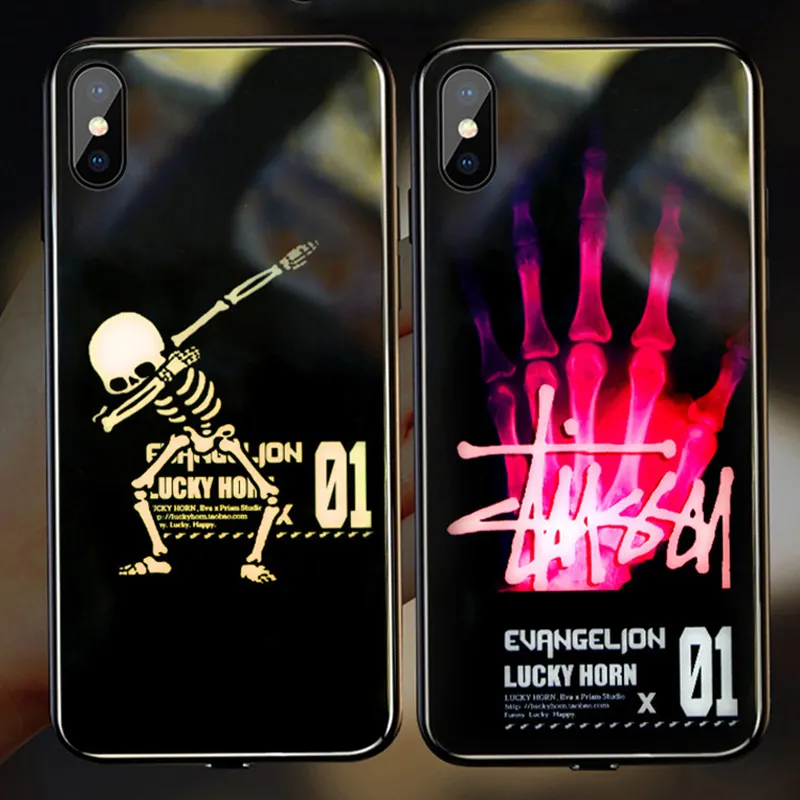 Anime Cartoon Cool Funny Skull Call Flash Night Glowing LED Tempered Glass Phone Case For iPhone 13 12 11 Pro Max XR 6 7 8 Plus