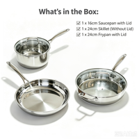 Ensemble de casseroles en acier inoxydable écologique moderne, casserole, poêle, poêlon, couvercle en verre - Sans revêtement, compatible lave-vaisselle, compatible induction