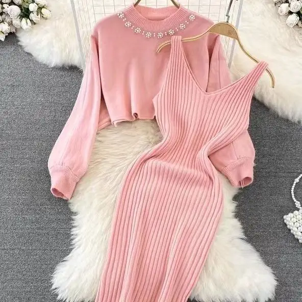 OEM kustom Sweater lengan panjang musim dingin gaun kardigan wanita Sweater rajut dua potong Set