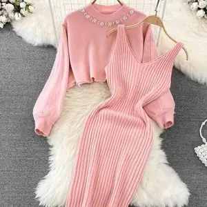 OEM Custom Inverno Manga Longa Camisola Cardigan Vestido Mulheres Senhoras Camisola De Malha Conjunto De Duas Peças