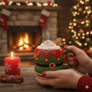 Mug à <span class=keywords><strong>café</strong></span> en céramique sculptée motif elfe mignon, tasse à boisson en tissu tricoté gaufré motif costume d'elfe de Noël pour la décoration de table hivernale - Product Image 2