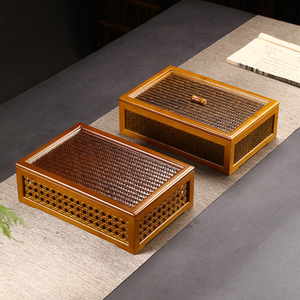 Boîte de rangement en bambou ajouré avec couvercle, ensemble de thé, organisateur de bureau, style zen chinois - Product Image 1