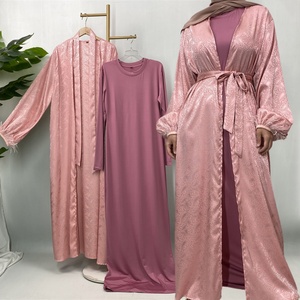 <b>Feather</b> <b>Cuff</b> & Printed Abaya Set on Sale - Elegant Satin Kimono Abaya with Inner Dress Outfit (1950+6435) - Product Image 1
