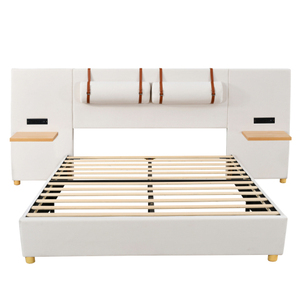 Queen Size Adjustable Upholstered Platform Bed Two Outlets on Both Sides Two <b>Bedside</b> Pillows Storage <b>Shelves</b> Velvet Beige - Product Image 4