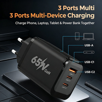 Chargeur mural de voyage 65W 3 ports Gan Pps Pd Super Fast Charging avec protection OTP OVP, noir et blanc, prise EU