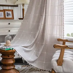 समर ऐनी के बोहो प्राकृतिक रूप से तैयार ठोस रंग ग्रिड कढ़ाई वाले पर्दे लटकन के साथ सेमी शेडिंग पर्दे खिड़की के पर्दे