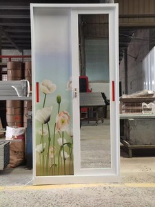 Armoire métallique coulissante moderne à 2 portes avec motif floral et miroir, armoire de rangement pliable pour chambre à coucher, garantie de 3 ans - Product Image 6