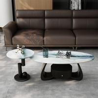 Table basse en pierre microcristalline avec cadre métallique, style luxe moderne, espace de rangement, design incurvé pour petit appartement