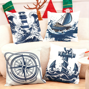 Nautical themed throw pillows featuring lighthouse sailboat compass and anchor designs for coastal home decor - Product Image 1