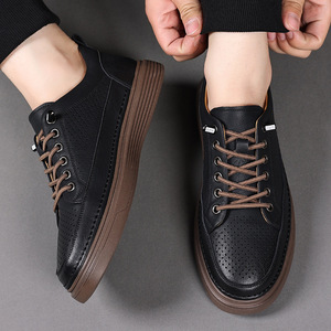 Chaussures bateau en cuir véritable pour hommes, à lacets, bout rond, semelle extérieure en caoutchouc respirante, style décontracté d'été, confortables et légères - Product Image 2