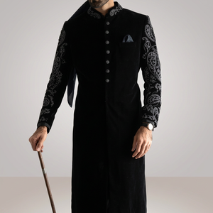 NEW--LATEST DESIGN of ZARI & RESHAM EMBROIDERY WORK on STYLISH BLACK SHERWANI WITH <b>PANT</b> Men's Suits & Blazer>Men's Suits - Product Image 5
