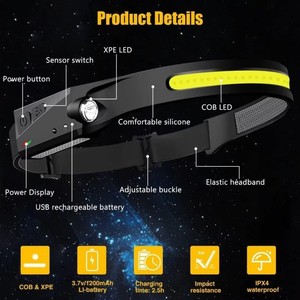 Linterna frontal LED recargable por USB con sensor XPE+COB, linterna frontal para trabajo, linterna frontal impermeable para pesca y Camping - Product Image 3