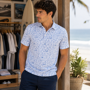 Polo de Golf Azul con Diseño Floral para Hombre, Personalizado, Premium, de Alto Rendimiento, Absorbente de Humedad, Marca Privada, Ropa de Resort, OEM - Product Image 1