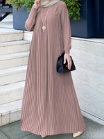 Robe Plissée Musulmane de Dubaï Style Arabe en Gros, Couleur Unie Simple, Manches Longues, Design Plissé