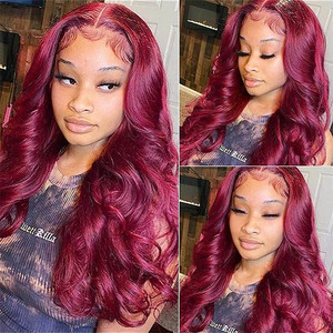 <span class=keywords><strong>Parrucca</strong></span> anteriore in pizzo trasparente da <span class=keywords><strong>donna</strong></span> 99J rosso bordeaux con onde a forma di Bob 180% densità dei capelli brasiliani - Product Image 3