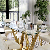 Table à manger rectangulaire moderne en verre trempé transparent avec base en acier inoxydable et structure métallique, capacité 6 personnes, pour maison, villa, hôtel